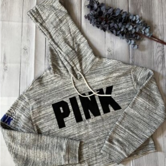 PINK Victoria’s Secret Cropped Hoodie Grey & White Size Small - Picture 1 of 10